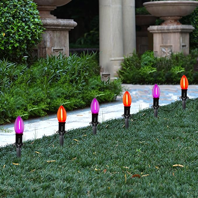 Halloween Pathway Lights Outdoor 19.5Ft Orange Purple Halloween String Lights with 10 C9 LED Bulbs and Stakes Connectable Outdoor Waterproof Marker Stake Lights for Halloweens Path Yard Lawn Garden