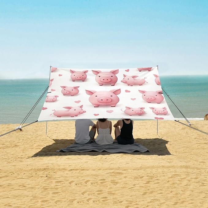 Cute Pink Pigs Beach Tent Sun Shelter 9.2' x 10.5' Beach Canopy with 4 Sandbags 4 Stability Poles Sand Shovels - Tent Canopy for Beach Camping Fishing Picnics