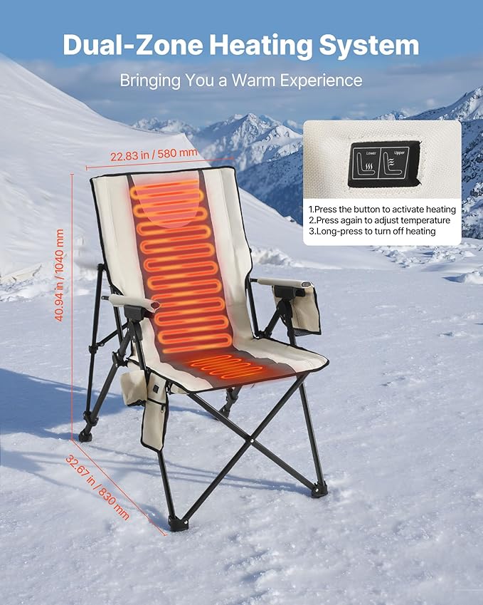 VEVOR Heated Camping Chair 3 Heat Settings High Back Folding Camping Chair Supports 260lbs Full Padded Beach Chairs with Armrest &amp Cupholder Portable Lawn Chairs for Outdoor Sports Travel