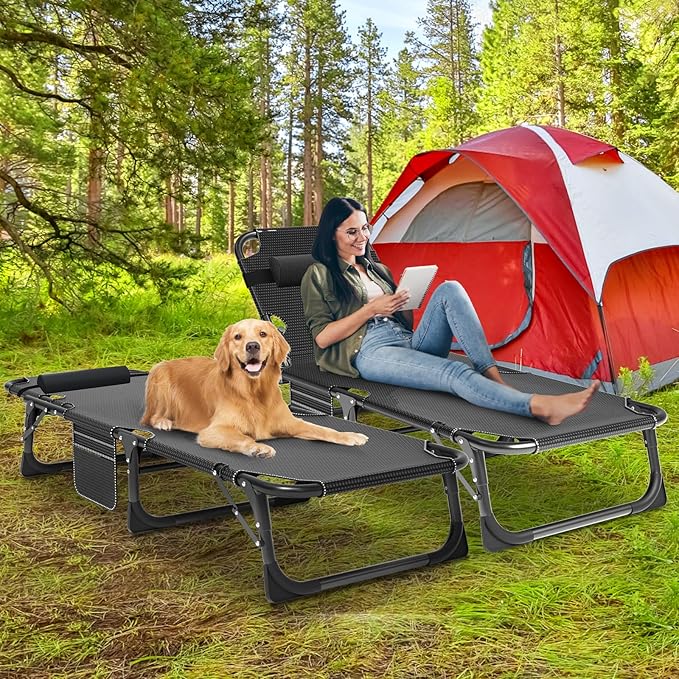 Camping Cot Adjustable 4-Position Adults Reclining Folding Chaise with Pillow Outdoor Portable Lounge Chair Sleeping Cots Bed Perfect for Camping Pool Beach Patio