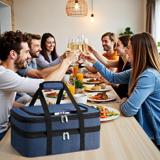 Insulated Double Casserole Carrier - Portable Casserole Carriers for Hot or Cold Food Lunch Tote Warmer or Cooler Bag for Potluck Parties Picnic Cookouts Fits 9 x 13 Baking Dish - Navy Blue