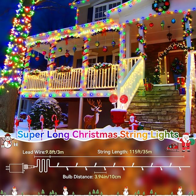 Heceltt Christmas Lights Outdoor 125FT 350 LED String Lights 8 Modes and Timer Memory Function Twinkle Fairy Lights Waterproof Plug in for Xmas Tree Wedding Party Holiday Decor(Multicolor)