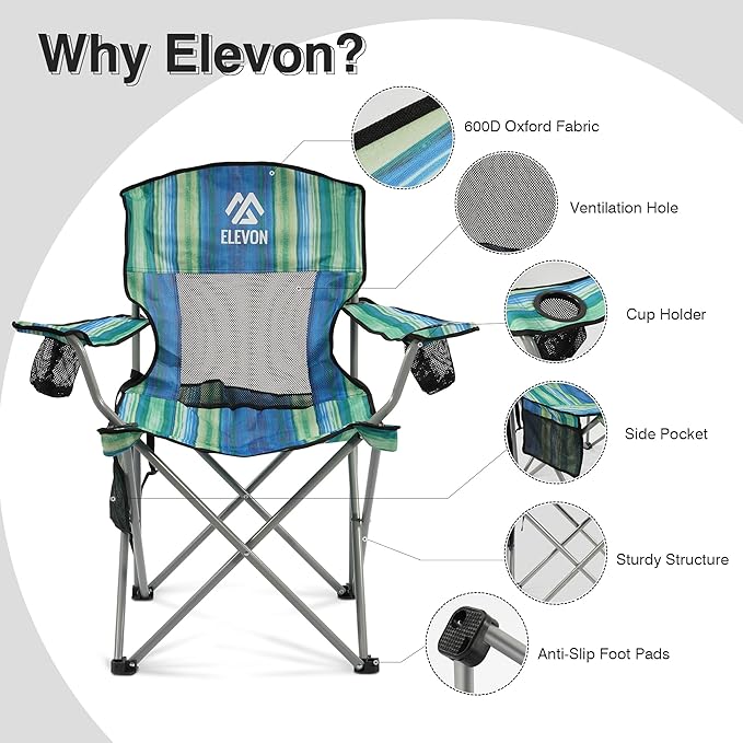 Elevon Camping Chair Portable Folding Outdoor Chair with Arms Cup Holder and Carry Bag