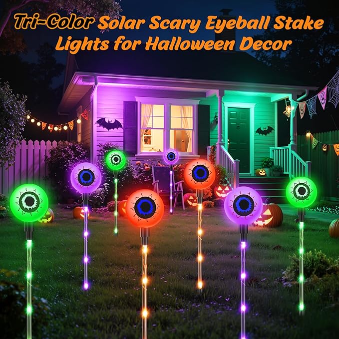 2025 Upgraded 12 Pack Halloween Solar Eyeball Lights Outdoor Decorations: 8 Modes Multicolor Waterproof Halloween Pathway Lights Orange Purple Green Colorful LED Scary Light for Garden Yard Decor