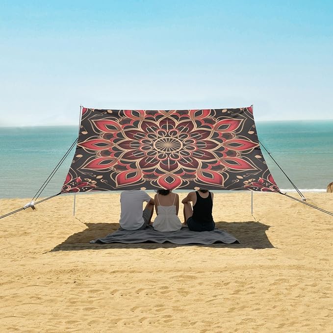 Brown Red Mandala Beach Tent Sun Shelter 9.2' x 10.5' Beach Canopy with 4 Sandbags 4 Stability Poles Sand Shovels - Tent Canopy for Beach Camping Fishing Picnics