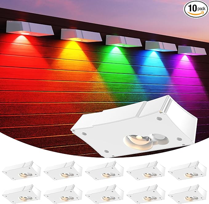 Solar Fence Lights 10 Pack Fence Light Solar Powered Waterproof IP65 Multicolor Led 9 Fixed Colors ＆RGB Color Changing Solar Lights Outdoor for Deck Patio Porch Stairs Holiday (White)