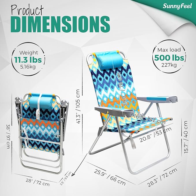 SUNNYFEEL 17 Tall Oversized Beach Chairs 2 Pack for Adults Heavy Duty 300 LBS 5 Position Portable High Folding Camping Chair with Cup Holder for Outdoor/Lawn/Trip Foldable Sand Chairs for Adults