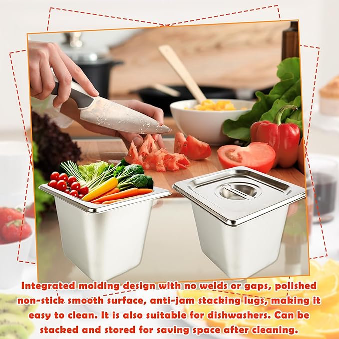 9 Pcs 1/6 Size 6 Inch Deep Restaurant Hotel Pan with Lids Stainless Steel Steam Table Pan Commercial Catering Metal Food Trays Warming Pans for Food Hotel Buffet