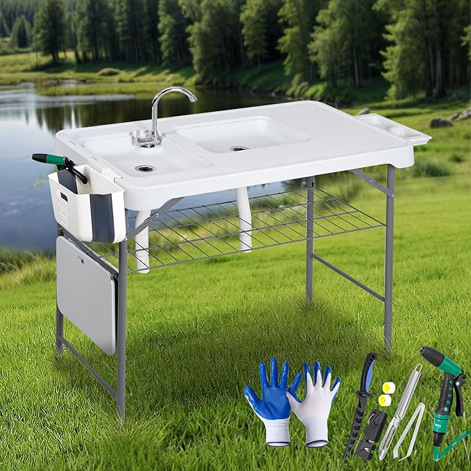 SUPER DEAL Fish Cleaning Table with Sink 42.4 Portable Folding Camping Sink Station with Measure Mark Grid Rack &amp Cleaning Kit for Outdoor Fishing Camping and Picnics