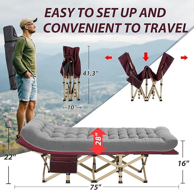 Folding Camping Cot for Sleeping Portable Cots for Adults Heavy Duty Cot Bed 550LBS(Max Load) Extra Wider Cots with Large Pocket for Outdoor Office Beach