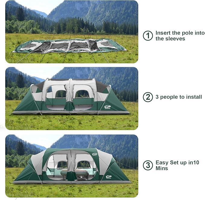 CAMPROS CP Tent 12-Person-Camping-Tents3 Room Family TentsWaterproof Windproof Family Tent with Top Rainfly6 Large Mesh WindowsDouble LayerEasy Set Up Portable with Carry Bag-20' x 9' x 72(H)