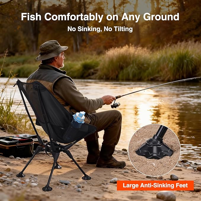 360° Swivel Folding Camping Chairs Compact and Portable Chair for Outdoor Camp Foldable Chairs with Anti-Sinking Large Feet for Travel Beach Picnic Sports Fishing Support 300 LBS(Black)