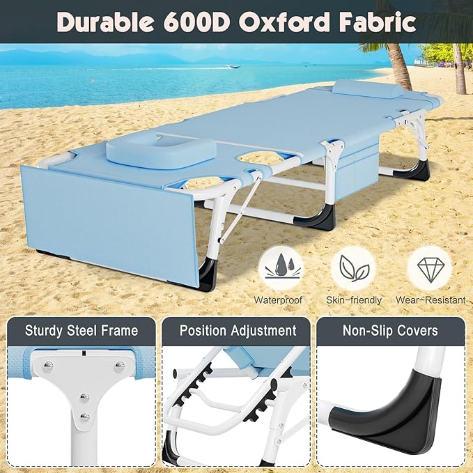 MOPHOTO Portable Folding Camping Cot with Mattress Adjustable Face Down Tanning Chaise Lounge Chair Folding Bed Sleeping Cots Beds for Adults Use for Outdoor Travel Camp Beach Patio