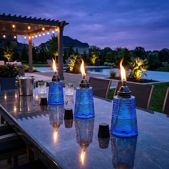 Seraphic Citronella Table Top Torches for Outdoor Patio 16oz Decorative Glass Torch Citronella Candles for Outside Deck Garden Parties Set of 3 Cobalt Blue