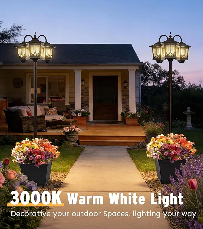 3-Head Solar Lamp Post with Planter 74 Solar Light Flower Pot Lamp Post 60Lm Waterproof Solar Light Poles for Outside Garden Patio Yard Driveway Replaceable Bulb Warm White (3000K)