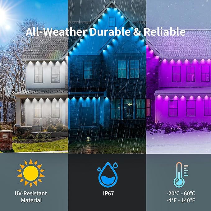 KSIPZE 100ft Permanent Outdoor Lights Waterproof IP67 Smart RGB+IC Eaves LED Lights with App &amp Button Control 200+ Dynamic Scene Modes for House Roof Garden Christmas Party Decor