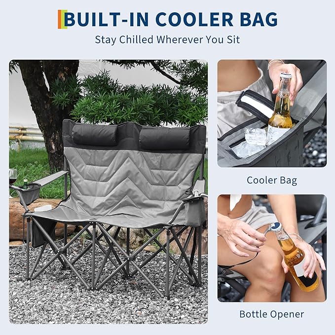 Oversized Double Camping Chairs Heavy Duty Padded Loveseat Chair - 900 LBS Support for Adult - Comfortable Camping Chair with High Back &amp Pillow