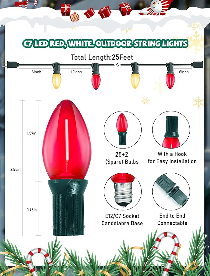 C7 LED Christmas Lights 25Ft Vintage C7 Christmas Lights with 27 LED Clear Red Frosted White Bulbs Hanging Connectable Xmas String Lights for Patio Garden Holiday Home Xmas Decor