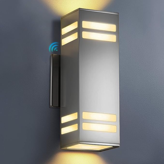KIZON Modern Dusk to Dawn Outdoor Wall Light Stainless Steel Up and Down Sconce with E26 Base Includes 3000K Bulbs Waterproof Exterior Lighting Fixture for House Porch Garage Entryway
