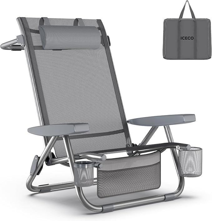 ICECO Bora High Back Beach Chairs for Adults 5 Positions Reclining Beach Chair with Headrests Folding Beach Chair with Cup Holder &amp Storage Bag for Beach Pool Patio Capacity 500lbs
