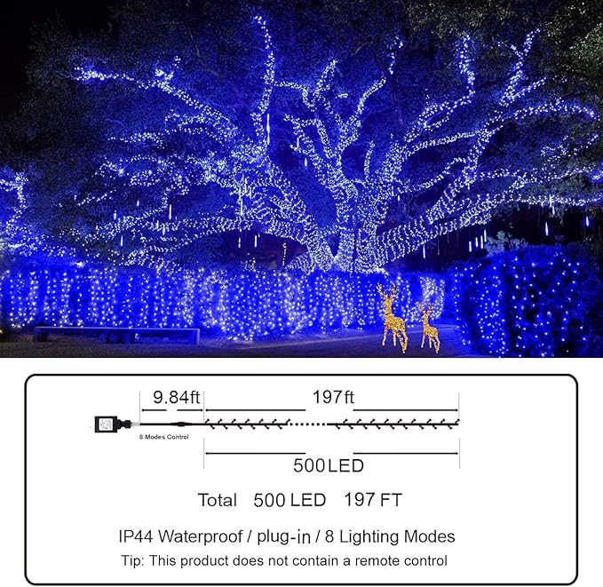 KNONEW Outdoor Christmas Lights 500 LED 197ft String Lights 8 Modes &amp Memory Fairy Light Plug in Waterproof LED String Lights for Xmas Yard Tree Wedding Party (Blue and White)