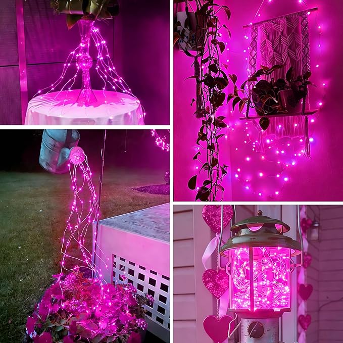 YEGUO 4 Pack Pink Solar Fairy Lights Each 33ft 100 LED Christmas Lights Outdoor Waterproof 8 Modes Sliver Wire Solar String Lights