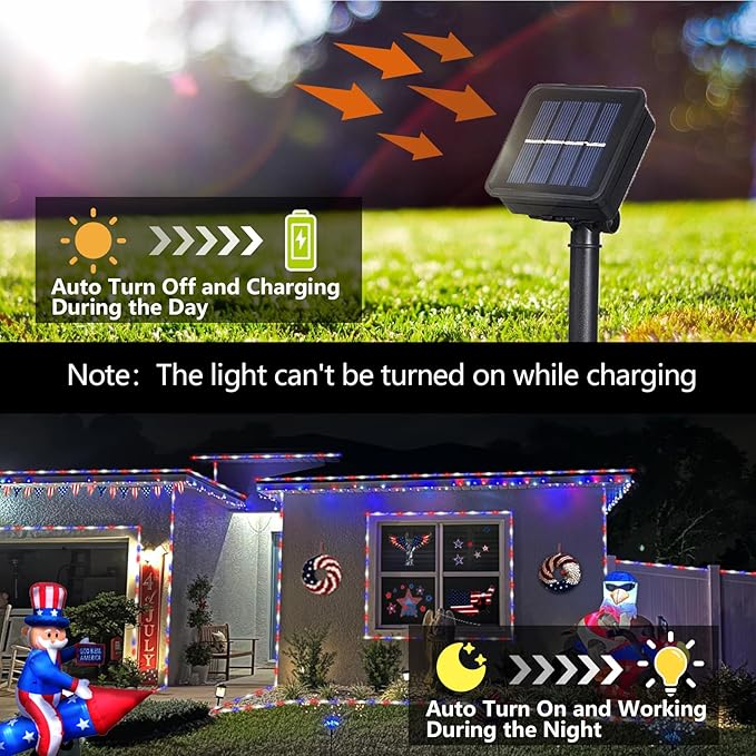 YEGUO Solar Christmas Light Outdoor Waterproof 66ft 200 LED Red White and Blue Rope Lights 8 Modes Tube String Lights in Clear Thin Tube