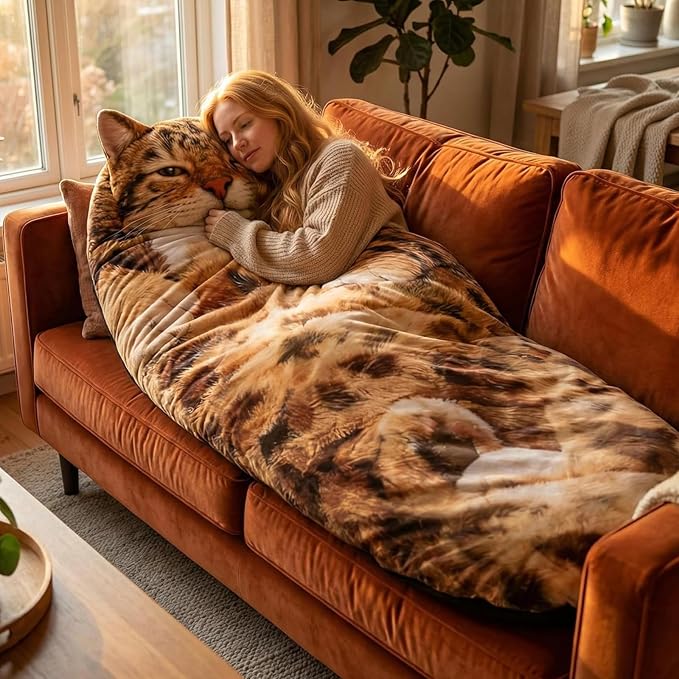 Fluffy Cat Sleeping Bag for Adults Giant Cat Shaped Sleeping Bag for Humans Washable Warm Blanket for Camping and Home Lounging