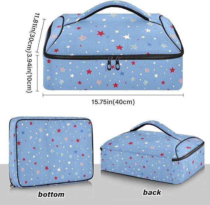 Casserole Carrier Red Blue StarsInsulated Casserole Carrier for Hot or Cold Food Thermal Lunch Tote for Potluck Parties Picnic Beach Fits 9 x 13 Inches Baking Dish