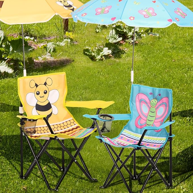 Kids Beach Chair with Umbrella Child Folding Chair Umbrella with Universal Clamp for Children Beach Camping Patio Garden Outdoor Lawn Pool Travel Indoor