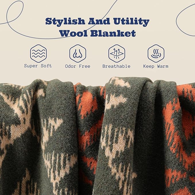 ACUSHLA Merino Wool Blanket - Soft Warm Thick Washable Large Throw Blanket for Camping Bed Couch Outdoor Travel All Weather Navajo Style Green 79X63