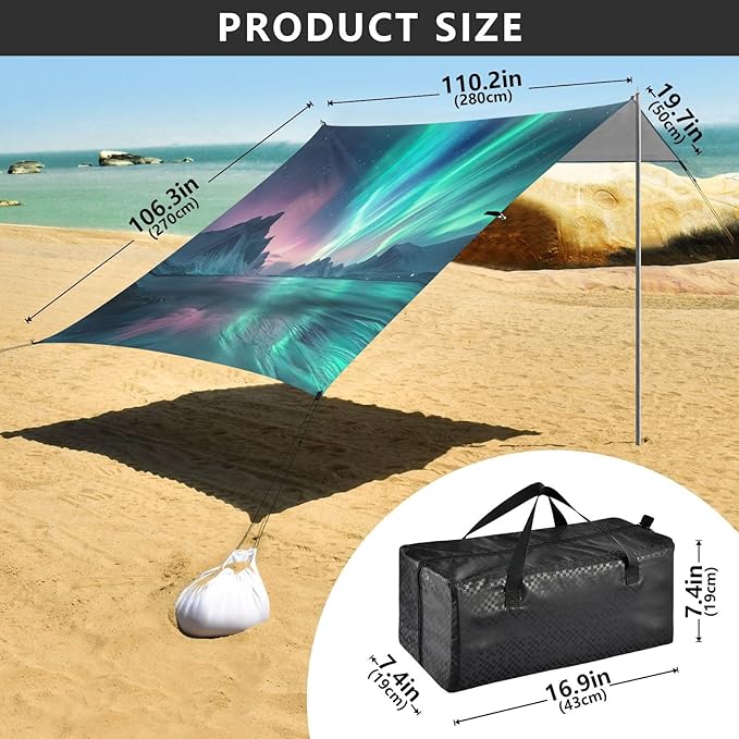 Aurora Borealis Pattern Beach Tent Sun Shelter 9.2' x 10.5' Beach Canopy with 4 Sandbags 4 Stability Poles Sand Shovels - Tent Canopy for Beach Camping Fishing Picnics