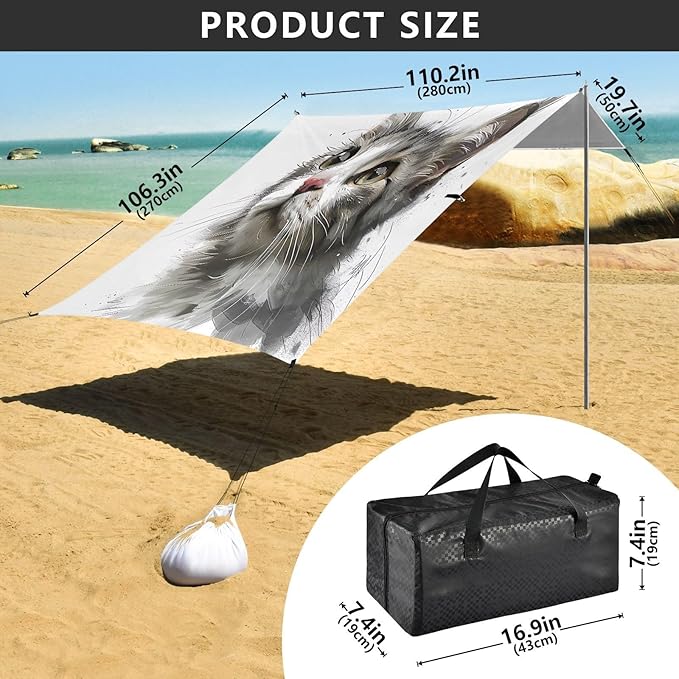 Cat Drawing Beach Tent Sun Shelter 9.2' x 10.5' Beach Canopy with 4 Sandbags 4 Stability Poles Sand Shovels - Tent Canopy for Beach Camping Fishing Picnics
