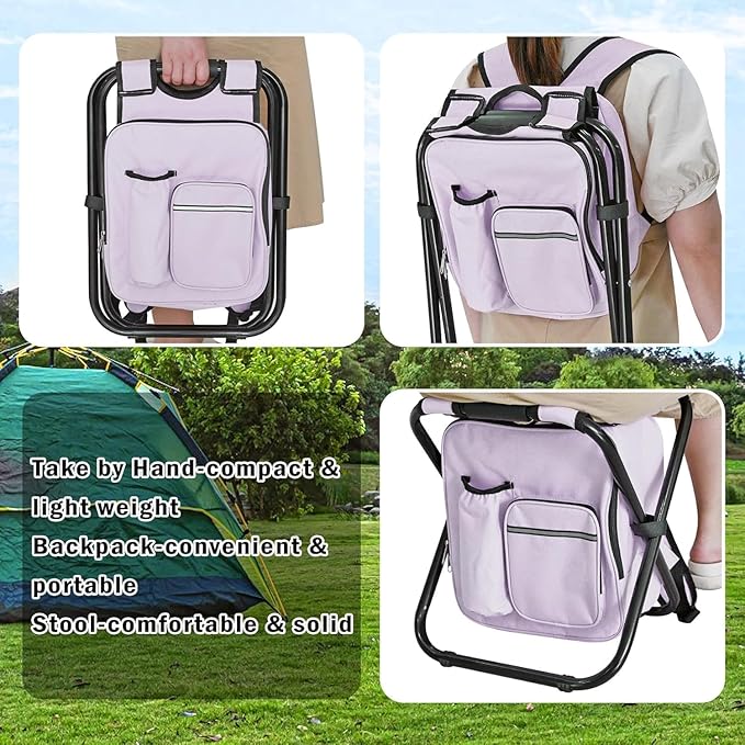 Out&ampAbout 3-in-1 Backpack Stool Cooler Chair 400 LBS Max Load Portable Folding Fishing Cooler Stool - Purple