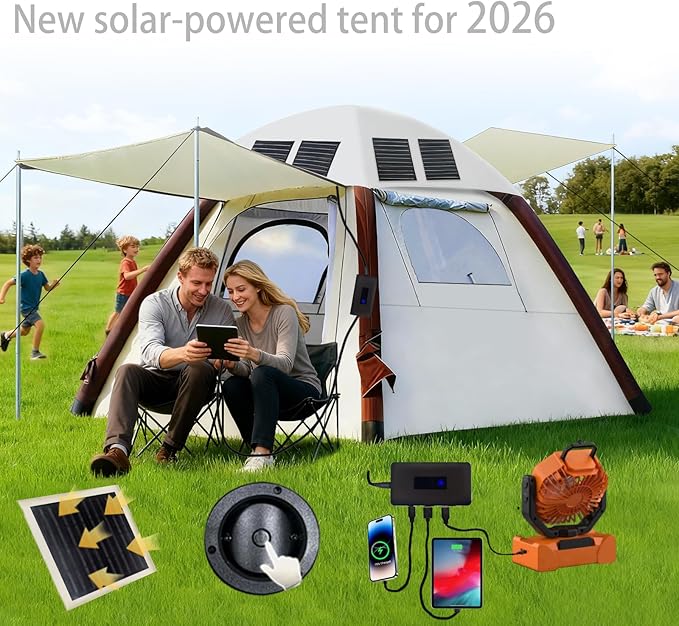 Automatic Inflatable Tents for Camping 4 Person with Solar Panel Easy Set Up Pop Up Tents for Camping with 2-3 Min Family Tents for Camping Windproof Waterproof Blow Up Tents for Traveling