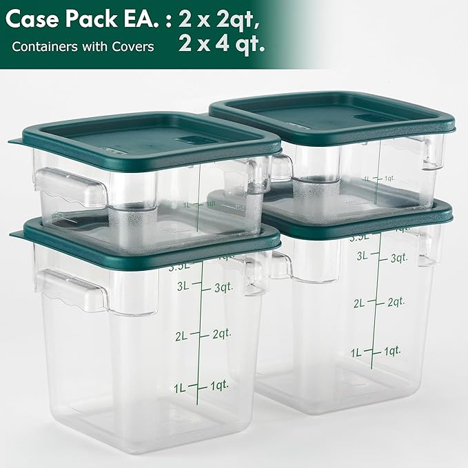 CURTA 4-Pack Food Storage Containers with Green Lids - 2 Qt &amp 4 Qt Square Clear Polycarbonate - NSF Listed Commercial Grade Freezer &amp Dishwasher Safe Stackable