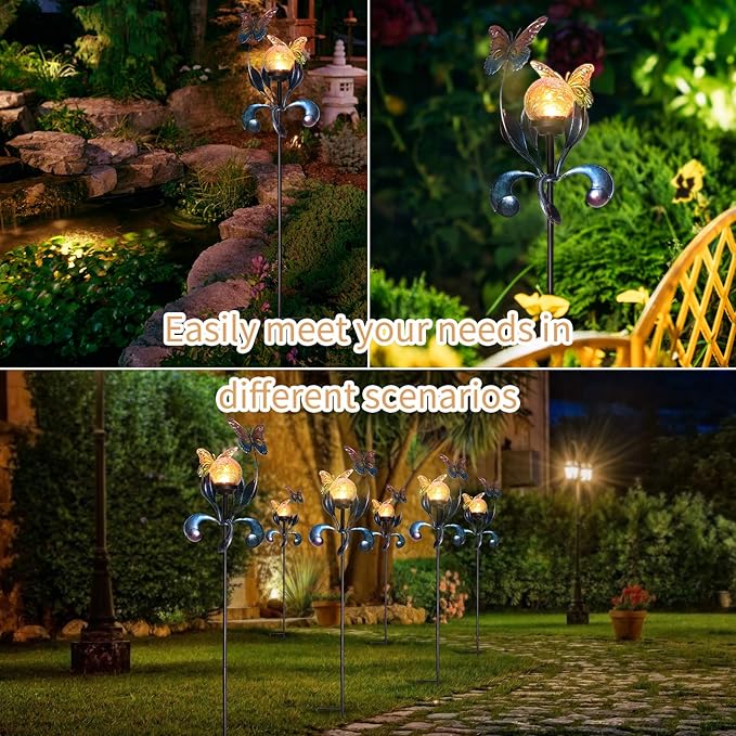 VCUTEKA Solar Lights Outdoor Metal Garden Stake Waterproof Crackle Glass Globe Garden Decor Butterfly for Pathway Lawn Patio Yard