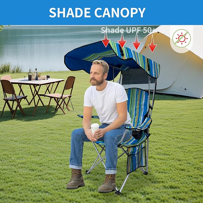 Camping Chair with Canopy Shade Adjustable Portable Folding Camping Chair with Cup Holder &amp Side Pocket for Beach Fishing Camping- Support 330 LBS (Streak)