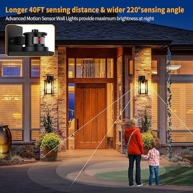 2-Pack Motion Sensor Outdoor Lights Upgrade Dusk to Dawn Wall Mount Light Fixtures Motion Sensor Wall Lights for Outside House Porch Garage Exterior Black Wall Lanterns Sconce with Clear Glass