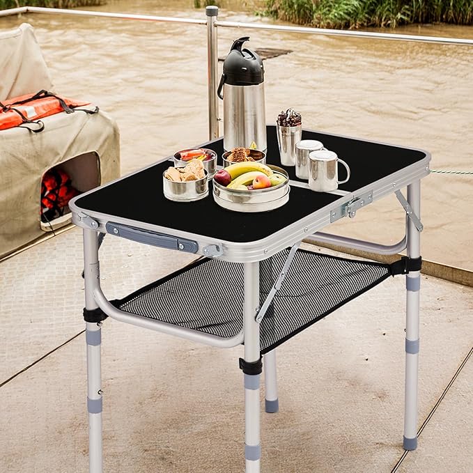 Portable Aluminum Folding Camping Table3-Height Adjustable Lightweight Outdoor Table with Mesh Storage Carry Handle for Picnic BBQ Beach Hiking (Black 2ft)
