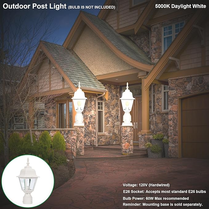 LIT-PaTH Outdoor Post Lighting Fixture Pole Lantern E26 Medium Base Max 60W Aluminum Housing Plus Clear Glass Bulb Not Included Matte White Finish 1-Pack