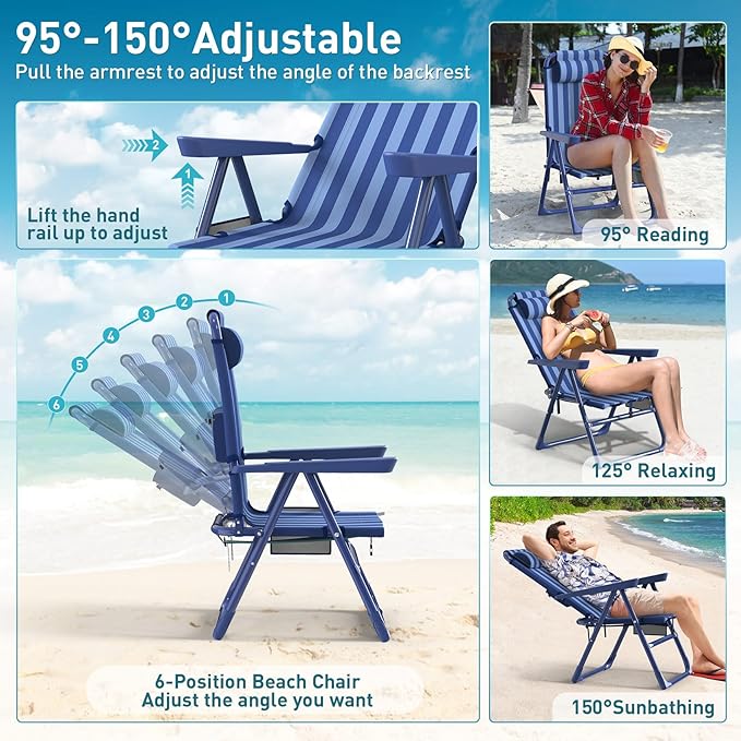 Suteck Backpack Beach Chairs for Adults 2 Pack 6-Position Folding Reclining Chair with Cooler Bag &amp Cup Holder Lightweight Portable Beach Chair for Camping Outdoor Sand Travel Use