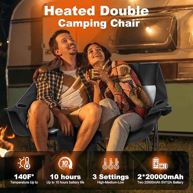 Heated Double Camping Chair with 2 20000mAh Battery Pack 2 Control Switches 2-Person Loveseat 550 lbs for Outdoor Sports Picnics Rugby Match Lawn. Make Your Autumn and Winter Warmer