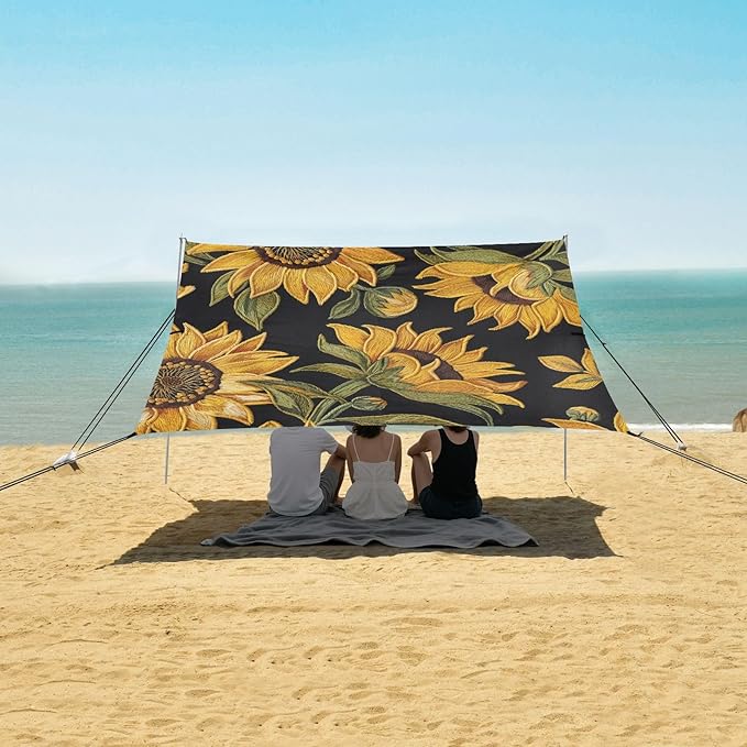 ALAZA Vintage Sunflower Floral Beach Tent Sun Shelter UPF50+ Protection Beach Shade Canopy w/ 4 Sandbags for Outdoor Camping Fishing Backyard Fun Picnic 10x9 ft