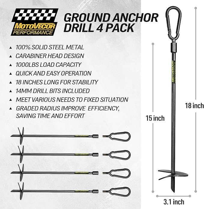 18” Heavy Duty Ground Anchors(1000lbs)Screw in Swing Set Anchors Forged from Tungsten Steel Detachable Carabiner Design High Wind Trampoline Stakes for Tents Trees Canopies Gazebos-4 PCS