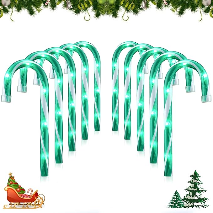 10 10 Pack Christmas Candy Cane Lights Candy Cane Lights with 10 Stakes for Walkway Patio Yard Patio Garden Festival Holiday Outdoor Indoor Landscape Path Christmas Decorations Outside Green