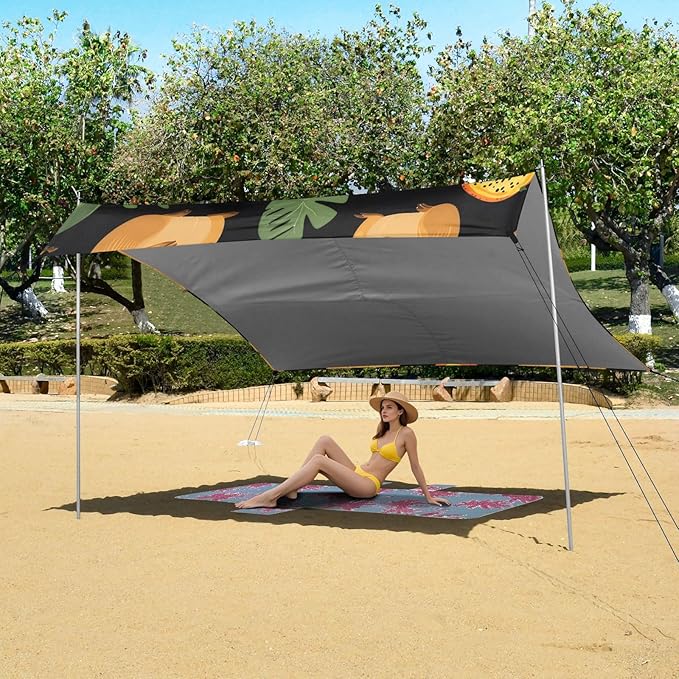Capybara Tropical Fruits Camping Sun Shelter Beach Tent Portable Beach Sun Shade Outdoor Canopy for Camping Trips Fishing Picnic