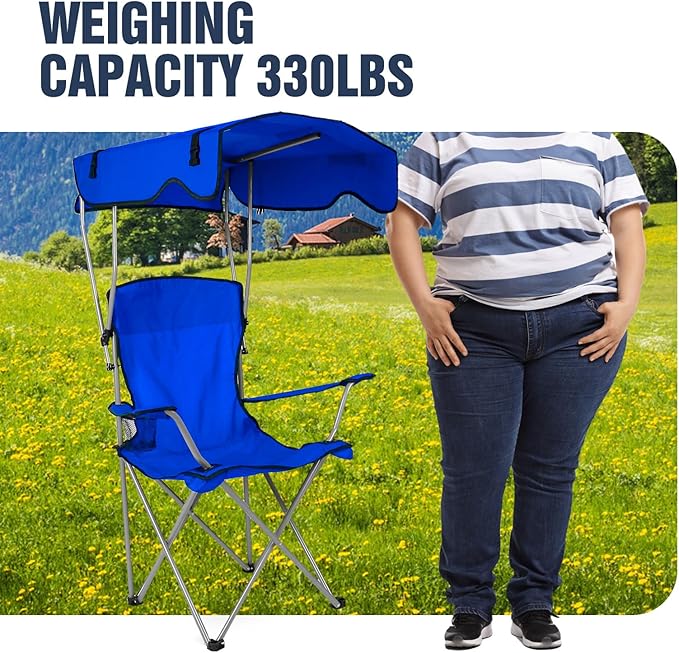 Camping Chair with Canopy Portable Outdoor Folding Beach Chairs with Cup Holder 330LBS Load Lawn Chair for Outside Fishing Beach Picnic (Blue)
