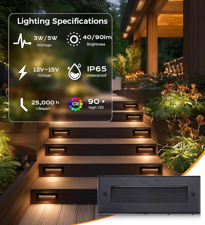 [6 Pack] Cloudy Bay 9 Inch 5CCT Low Voltage LED Outdoor Step Lights 12V-15V 3W/5W Dual-Bright Selectable Landscape Stair LightsExterior Deck Lights AluminumMetal Black