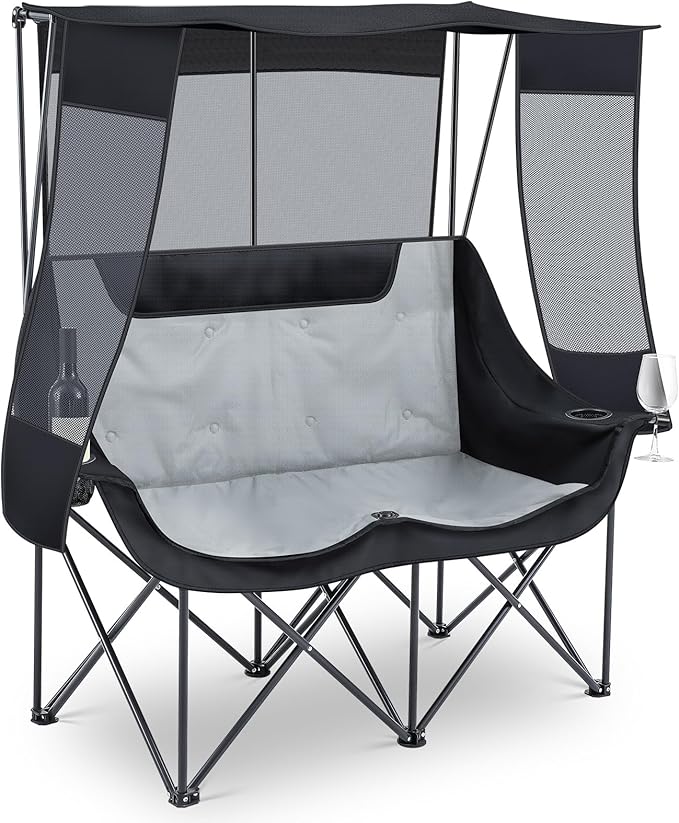 Double Camping Chair with Canopy Shade 660lbs Heavy Duty Beach Chair Portable Folding 2 Person Camping Loveseat with Cup Holder and Storage Bag for Lawn Beach Outdoor Sport(Black and Grey)